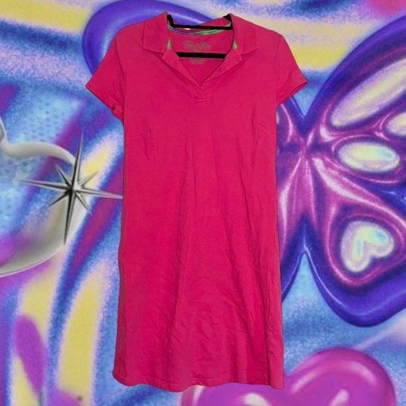 Pink polo dress with a collared neckline and short sleeves. - Picture 1 of 5